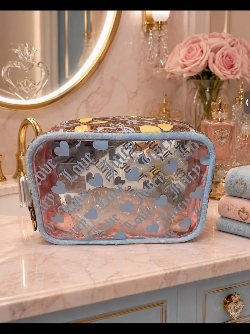 Juicy Couture Clear Cosmetic Pouch with Blue Hearts and Pink Trim